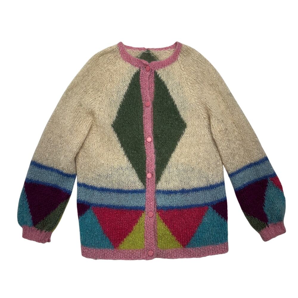 Vintage 60s-70s Hand Knit Cardigan Large Geometric Sweater Mid Century Mod